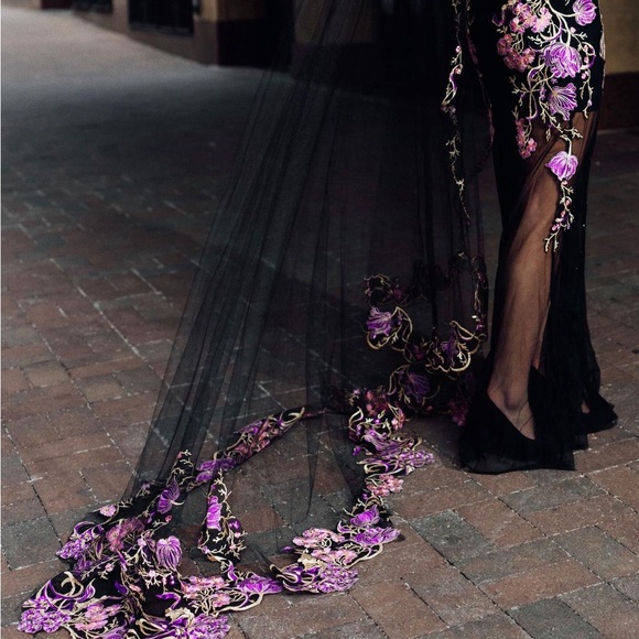 Lucia’s Sarto ♍️ long vail, red carpet, black floral purple wedding bridal bride main image 8